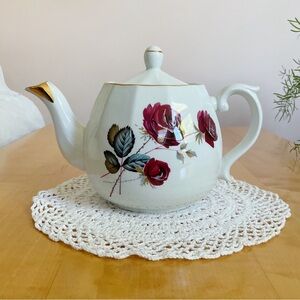 Vintage Ellgreave England Rose Teapot Gold Trim Cottagecore